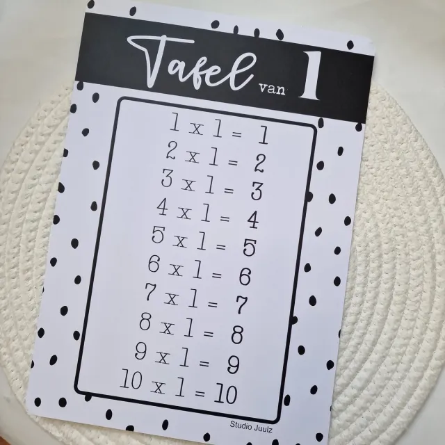 Studio Juulz Rekentafels A4 - tafels 1 t/m 16 - set van 8 dubbelzijdige kaarten - Studio Juulz zwart
