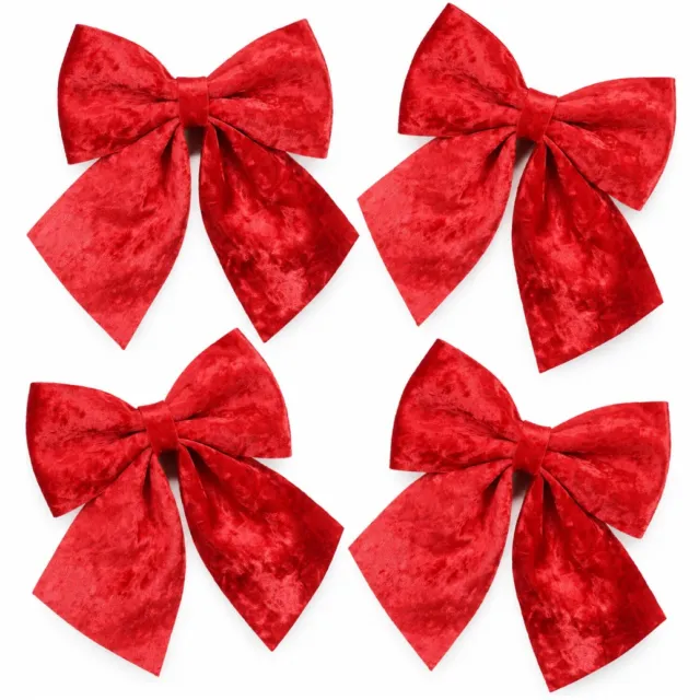 House of Seasons Kerst strik ornament - 4x - rood - 20 x 24 cm - polyester fluweel - kerststrik