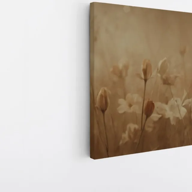 Saammp Canvas Schilderij - Vintage - Witte Bloemen - Beige - Abstract - 100x100 - Foto op canvas - Wanddecoratie - Muurdecoratie Woonkamer - Kantoor Decoratie Multicolor