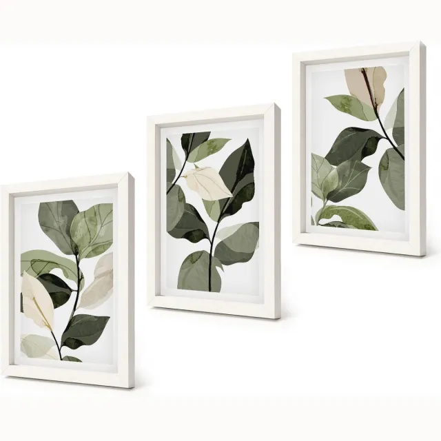 Coloray 3-Delige Schilderij Set - Geschilderde delicate boho-plantenbladeren - 20x30 - Decoratieve Schilderijen - Wanddecoratie - Hal - Moderne Wanddecoratie Witte lijst