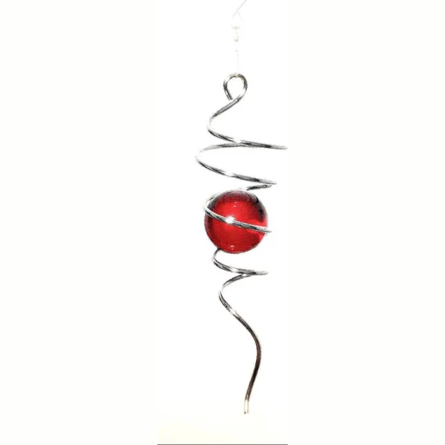 Spin Art/Cooking Vinyl Spin Art windspinner spiraal twister RVS - 26cm lang - glaskogel 50mm rood Zilver