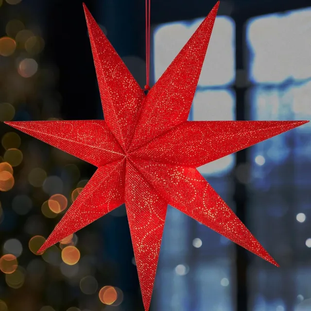 Brubaker 60 cm Kerstster voor Binnen - Adventster met E14 Voet om op te Hangen - Raamverlichting Ster om op te Hangen - Kerstster Set met 3,5 m Kabel - 3D Papieren Ster Decoratie - Rood Rood fijn patroon