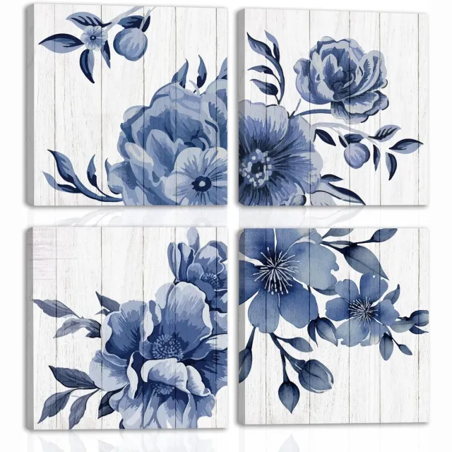 Ibenzoa Moderne Abstracte Blauwe Bloem Canvas Prints – Set van 4 Stuks (40 x 40 cm)