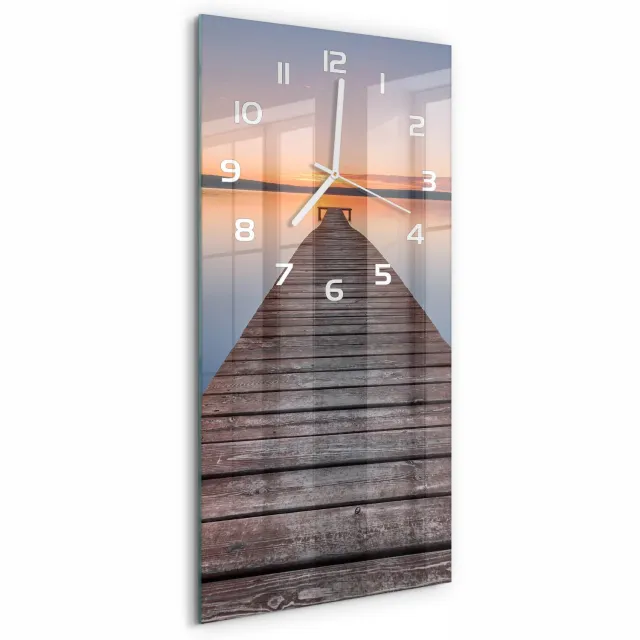 TULUP Wandklok - Houten brug Glazen Klok Met Print - 30x60 cm - Bruin Wandklok Glas Met Motief - Witte handen - Rechthoekige Klok - Wandklok Glas Decoratie - Gekleurde Glazen Klok