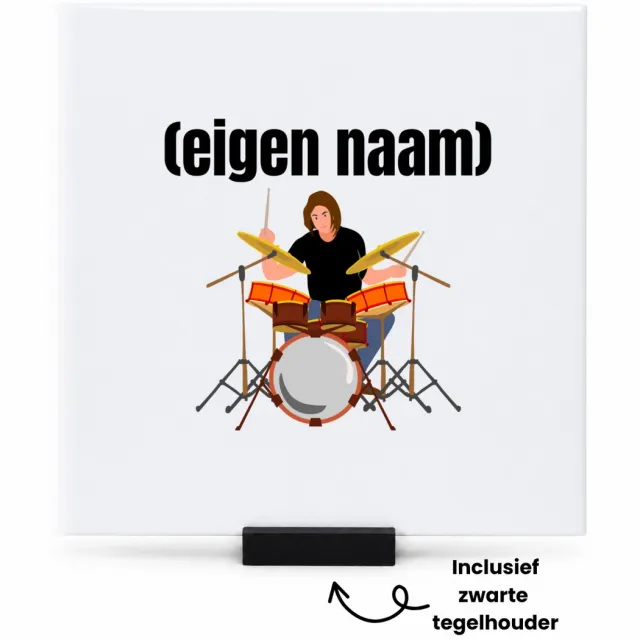 Hacebo drummer met drumstel met eigen naam tegeltje met tegelhouder - Drummen - muziek liefhebbers - tegeltjes met tekst - drummers - drumstel - verjaardag - cadeau - kado - spreuktegels - 15x15 CM Wit