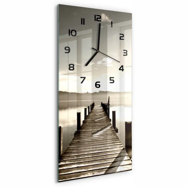 TULUP Wandklok - Houten brug Wandklok Glas Met Motief - 30x60 cm - Bruin Decoratieve Glazen Klok - Zwarte handen - Rechthoekige Klok - Gekleurde Glazen Klok - Glazen Klok Met Print