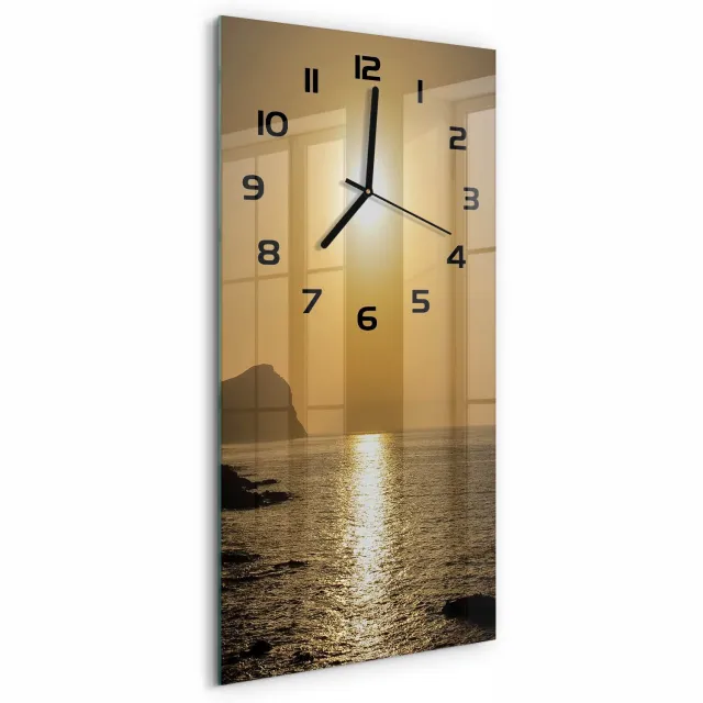 TULUP Wandklok - Zonsondergang Zee Klok Glas Met Opdruk - 30x60 cm - Geel Moderne Wandklok Glas - Zwarte handen - Rechthoekige Klok - Decoratieve Glazen Klok - Glazen Wandklok Design