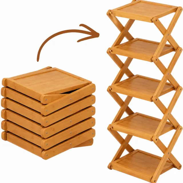 Winkrs Bamboe Schoenenrek Smal – 5 Niveaus – Opvouwbaar Opbergrek/Schoenenkast Hal – 28 x 25 x 74 cm Lichtbruin