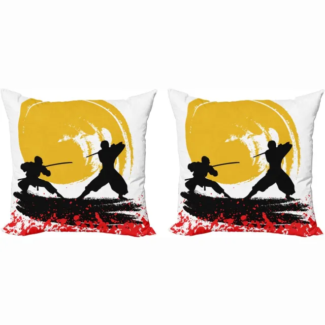 ABAKUHAUS Japans Sierkussenhoes Set van 2, Aquarel-Stijl Ninja, Modern Accent Dubbelzijdige Digitale Print, 40x40, Vermiljoen Mosterd