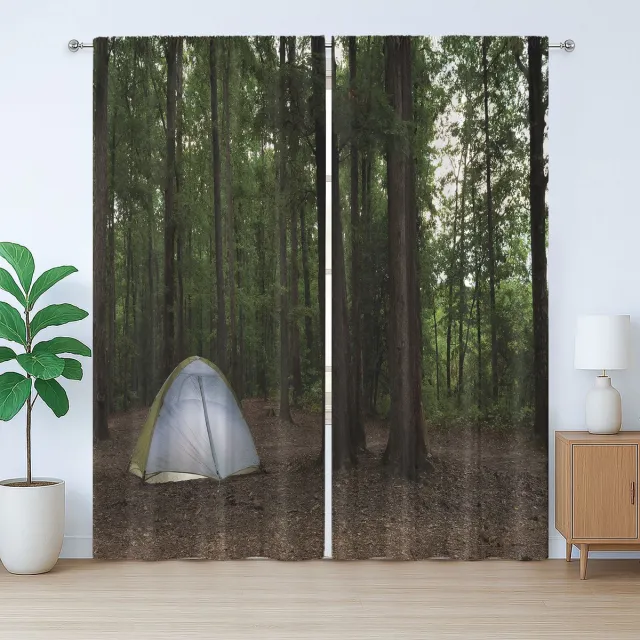 ABAKUHAUS Donker bos rustiek gordijn, tent in het bos, slaapkamergordijn met lussen en haken, 280 x 225 cm, groenbruin wit