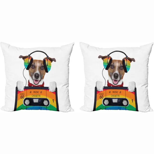 ABAKUHAUS Popstar-Feest Sierkussenhoes Set van 2, Hund Kopfhörer, Modern Accent Dubbelzijdige Digitale Print, 50x50, Meerkleurig