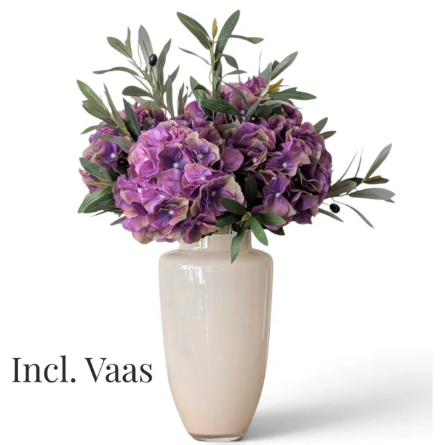 BLOOM & VESSEL Zijden Hortensiaboeket met Vaas – 60 cm – Boeket Amethyst – Paarse Hortensia & Olijftakken – Kunstbloemen – Nepbloemen Paars, Creme, Groen