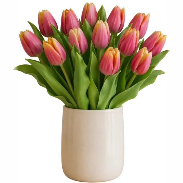 Bellatio Design Kunst tulpen boeket Vermeer - 14x stuks - geel/paars - real touch - 31 cm