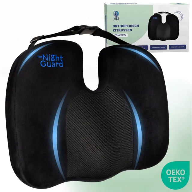 The Night Guard Orthopedisch wigkussen – Stuitkussen traagschuim – Zitkussen tegen rug- en stuitklachten – Bureau & auto – The Night Guard Comfort Plus Zwart
