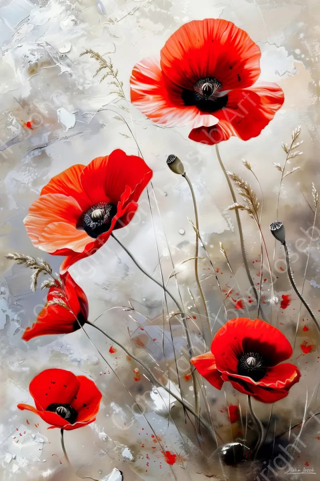 John Joseb Art (Aluminium) 60x40 | Klaprozen, bloemen, rood, grijs, bruin, sepia, geschilderde stijl, kunst | bloem, klaproos, modern | foto-schilderij op dibond, metaal wanddecoratie Aluminium, dikte 3 mm
