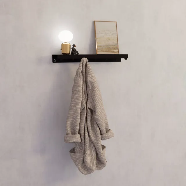 Qstiel Qapstok zwart - Kapstok - Wandkapstok - 7 haken - 60cm - Stevig - Met plank - Poederlak str RAL 9005 zwart