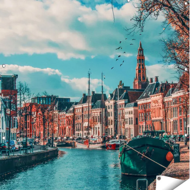 Gards Tuinposter Gracht in Groningen - 110x110 cm - Tuindoek - Tuindecoratie - Wanddecoratie buiten - Tuinschilderij Multikleur