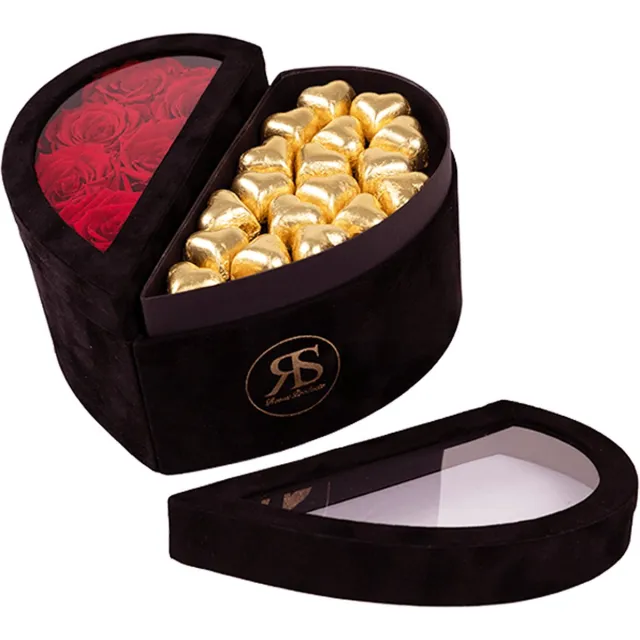 Rosuz Chocolade box Mary J rood goud - Ruim assortiment aan Luxe & Handgemaakte cadeaus - Verras op een speciale manier - 2 jaar houdbare rozen! Zwart met rood