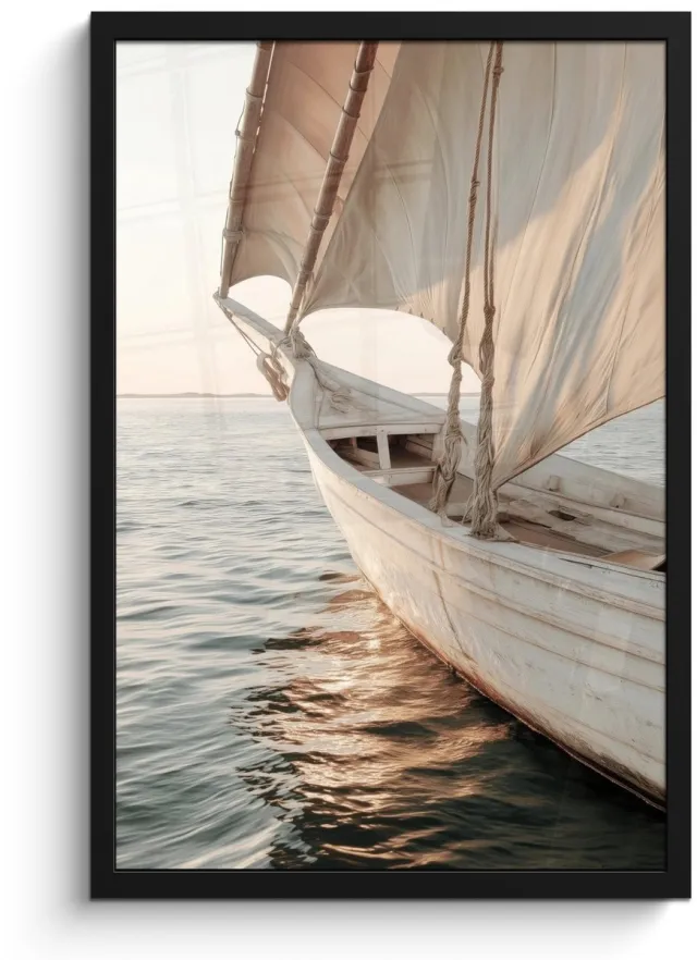 FrameYourWall Poster in lijst - Fotolijst 40x60 cm - Posters - Zeilboot - Zee - Beige - Zon - Posterlijst zwart - Decoratie - Wanddecoratie woonkamer - Muurdecoratie slaapkamer