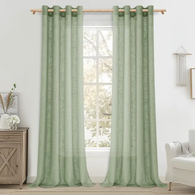 Ibenzoa Gordijnen met Ingestanste Ringen in Linnenlook - Saliegroen Set van 2 voor Woonkamer en Slaapkamer grijs groen