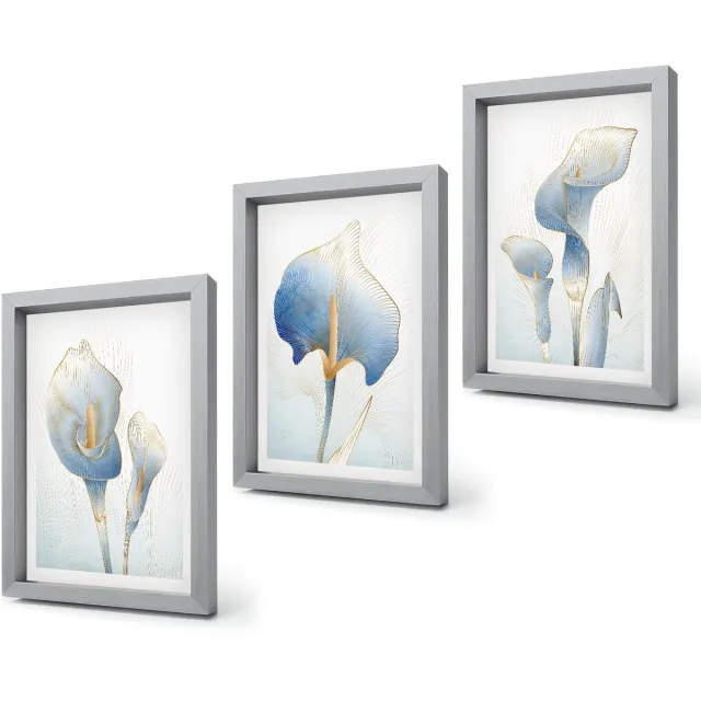 Coloray 4-Delige Schilderij Set - Fijne blauwe bloemen op een lichte achtergrond - 20 x 30 cm - Moderne Wanddecoratie - Slaapkamer - Interieur Decoratie Zilveren lijst
