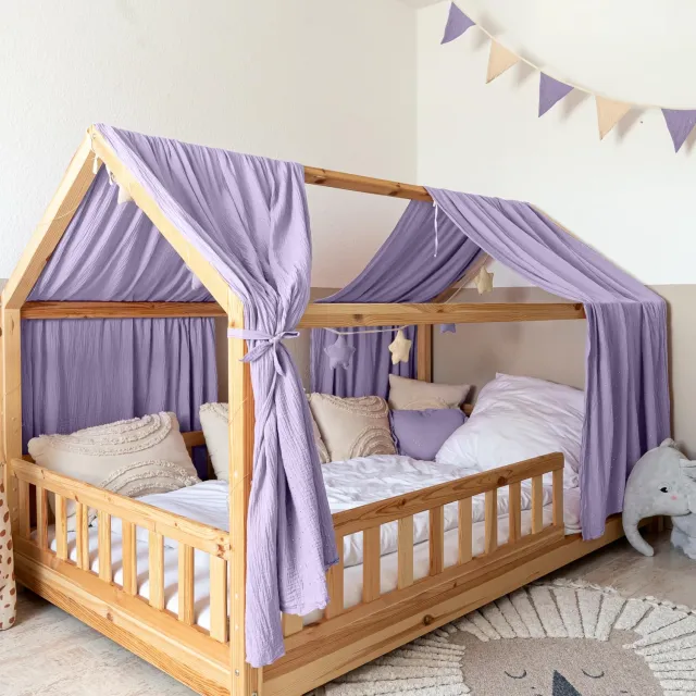 Lilimaus Huisbed hemeltje - set van 2 banen - bedhemel voor huisbed - 135x270 cm - mousseline katoen - lila