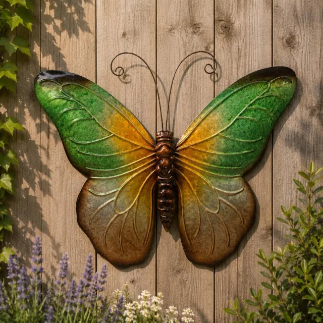 Anna's Collection Wand decoratie vlinder - groen - 32 x 24 cm - metaal - muurdecoratie/schutting