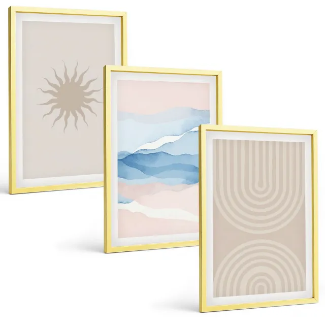 TULUP 4-Delige Schilderij Set - Zonnegolven en abstracte lijnen in pastelkleuren - 40 x 60 cm - Muurdecoratie - Interieur Decoratie - Woonkamer Decoratie Gouden lijst