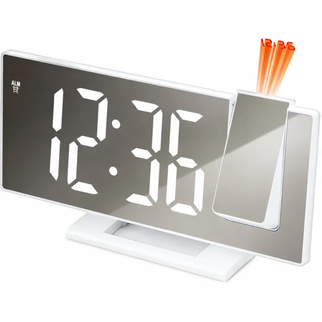 SWGOTA Digitale LED-projectiewekker met witte cijfers, spiegelend front en tafelvoet, wit