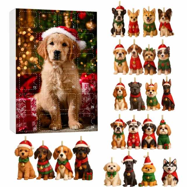 SWGOTA Hondenadventskalender 2026 met 24 platte acrylhangers - Kerstboomdecoratie met ophanglus Bruin