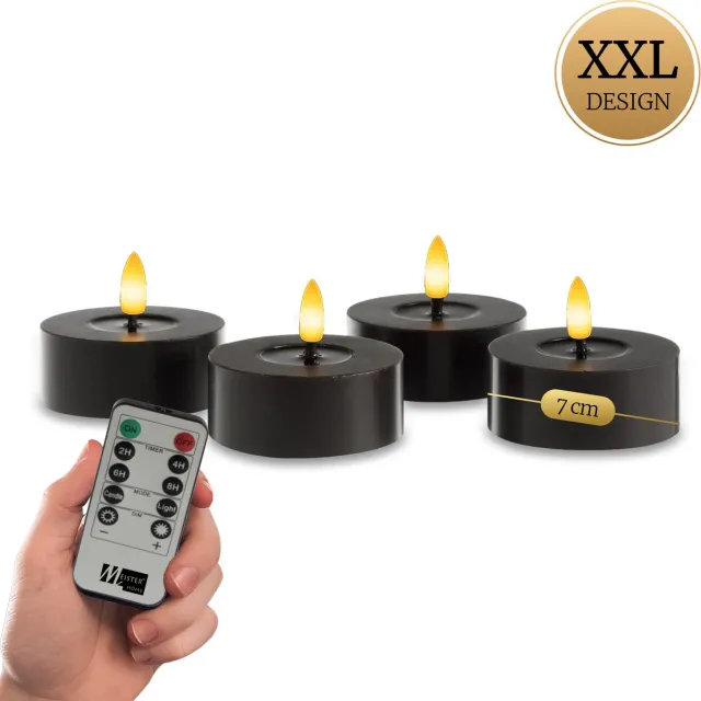 Meisterhome XXL LED-theelichten 4-delige set Zwart – vlamloze LED kaarsen - flikkerend licht - LED Waxinelichtjes – Ø 7 cm, hoogte 3 cm – gemaakt van echte wax – met timer & afstandsbediening – werkt op batterijen – warm wit licht