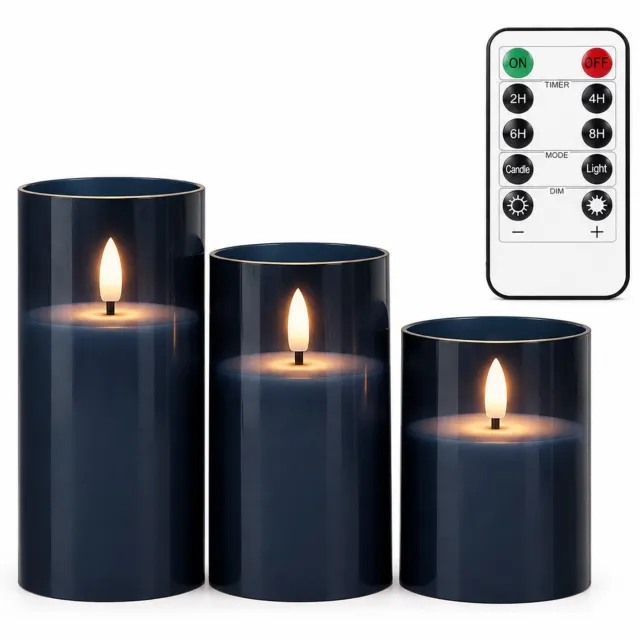SWGOTA led kaarsen, 3 stuks per doos, donkerblauw, met afstandsbediening en timer, cilindervormige sfeerdecoratie