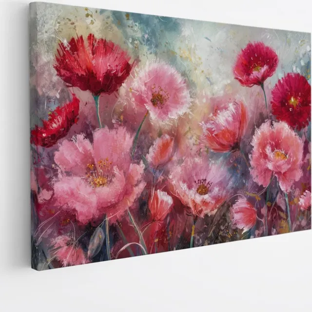 Saammp Canvas Schilderij - Roze met rode bloemen - Abstract - 60x40 - Foto op canvas - Wanddecoratie - Muurdecoratie Woonkamer - Kantoor Decoratie Multicolor