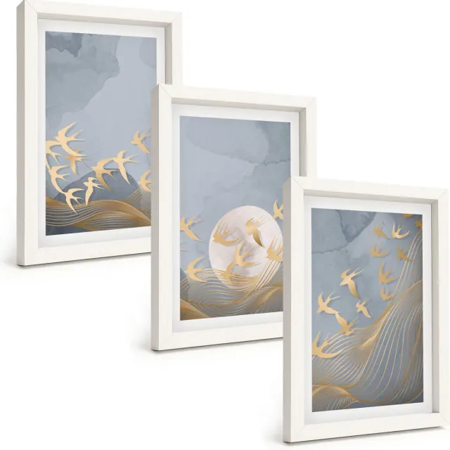 TULUP 3-Delige Schilderij Set - Vogels in vlucht tegen de hemel en de maan. - 20x30 - Muurdecoratie - Schilderijen Set - Woonkamer Witte lijst