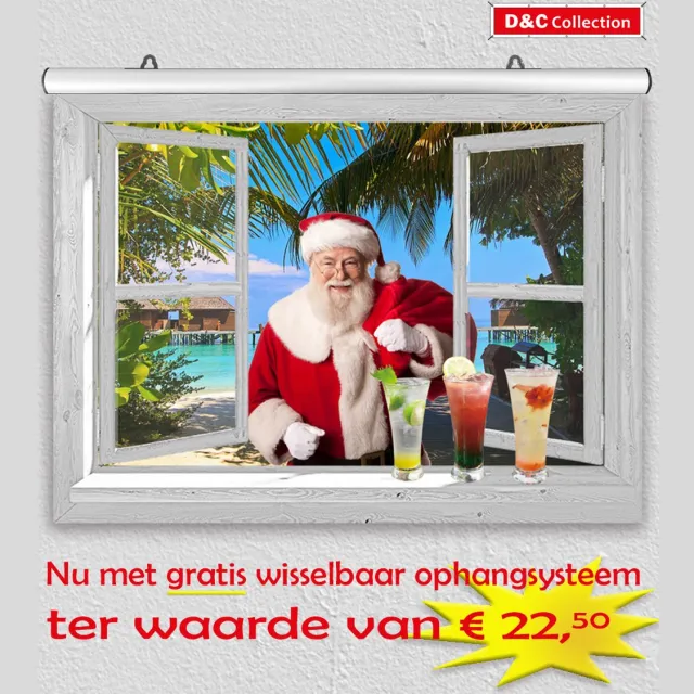 D&C Collection poster - kerst poster - 60x45 cm - doorkijk - wit venster tropische kerst met Kerstman, strand en cocktails - winter poster - kerst decoratie - kerstinterieur - kerst wanddecoratie