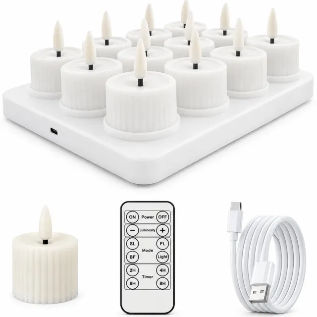 SWGOTA led kaarsen, set van 12 geribbelde theelichtjes met warm licht, afstandsbediening en Type-C-opladen, inclusief basis met 12 plaatsen en laadkabel Wit