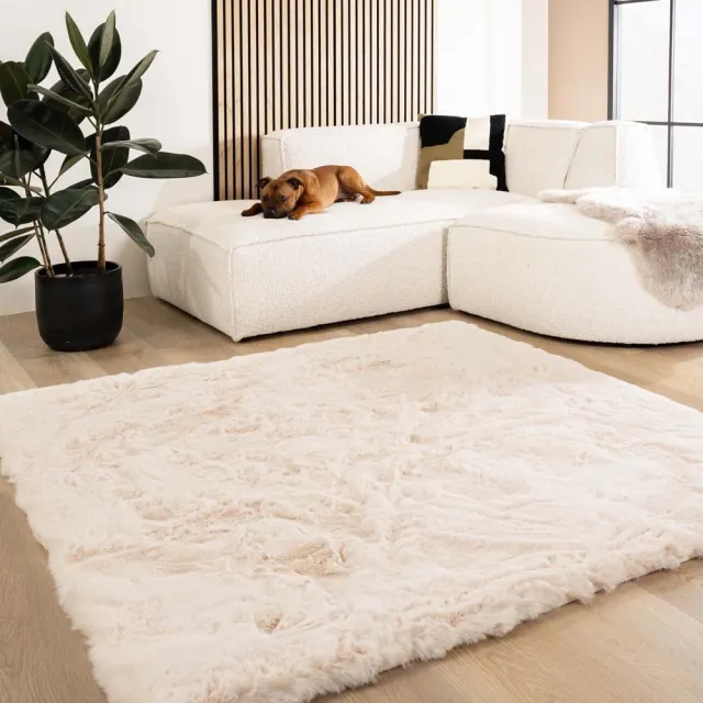 Tapeso Fluffy vloerkleed vierkant - Comfy Deluxe crème 100x100