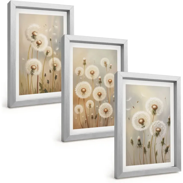 TULUP 4-Delige Schilderij Set - Witte paardenbloemen op een achtergrond van lichte kleuren. - 20 x 30 cm - Muurdecoratie - Interieur Decoratie Zilveren lijst