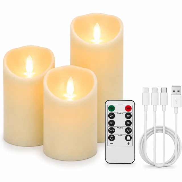 Bobypet LED Kaarsen - Nep - Stompkaars - Flikkerende Vlam - USB - Afstandsbediening - Set van 3 - Warm Wit Licht - Voor binnen,buitengebruik,feesten,vakantiedecoraties