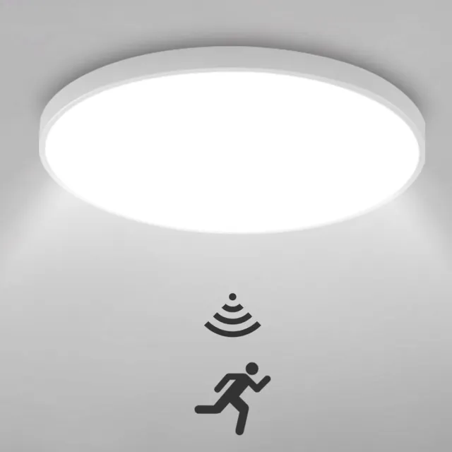 Haobosic LED plafondlamp met bewegingssensor, 22 cm, plat, ultradun, 18 W, 6500K, waterdicht IP44, voor balkon, garage, gang Wit