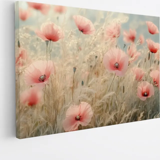 Saammp Canvas Schilderij - Veld met Zachte Klaprozen - Bloemen - Natuur - 50x40 - Foto op canvas - Wanddecoratie - Scandinavisch Design - Woondecoratie Multicolor