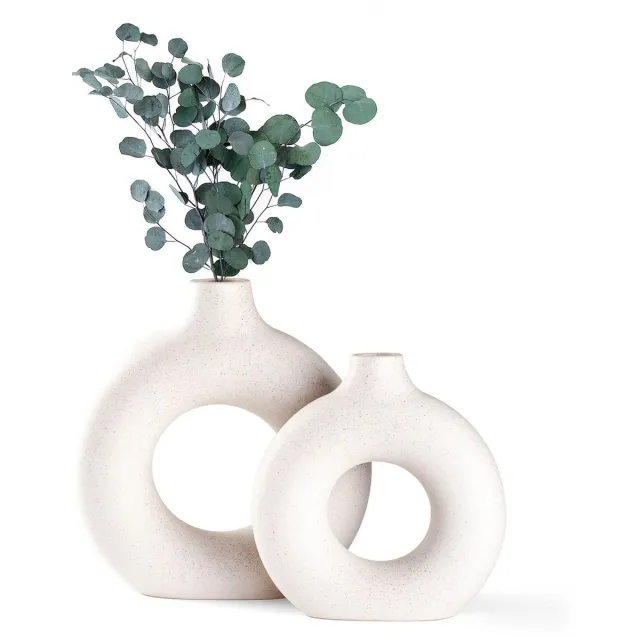 Unyqoos Stijlvolle keramische vazenset met unieke donutvorm voor interieurdecoratie beige