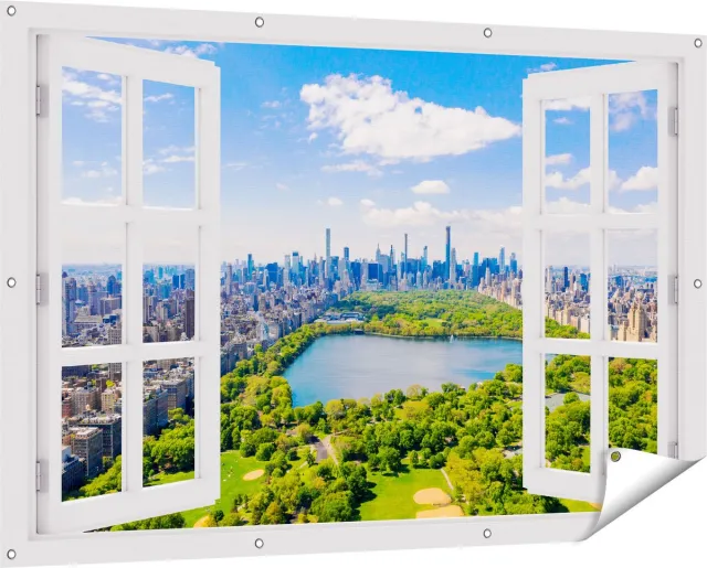 Gards Tuinposter Doorkijk Central Park in New York met Wolkenkrabbers - 150x100 cm - Tuindoek - Tuindecoratie - Wanddecoratie buiten - Tuinschilderij Wit