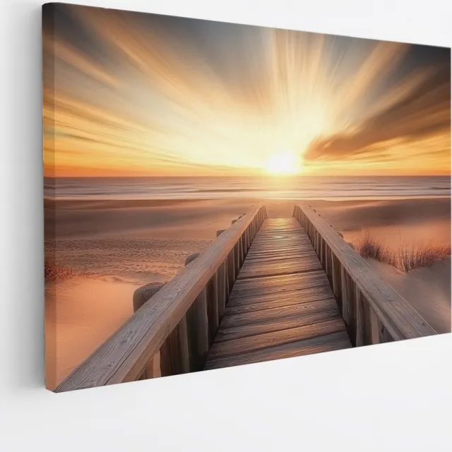 Saammp Canvas Schilderij - Natuur - Brug naar het strand met zonsondergang- landschap - 60x40 - Foto op canvas - Wanddecoratie - Muurdecoratie Woonkamer - Slaapkamer decoratie - Canvas Print Multicolor