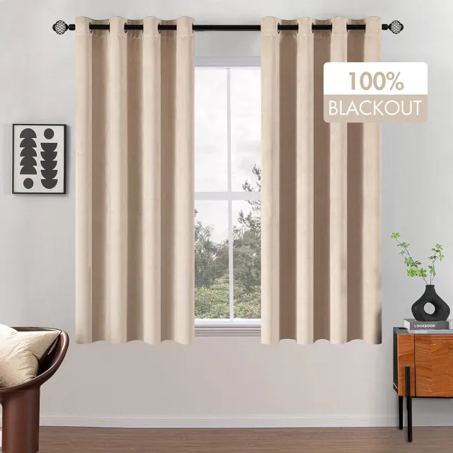 Thuys Gordijnen, kort, 100% ondoorzichtig, fluweel, korte gordijnen voor slaapkamer, ondoorzichtig, thermische gordijnen met ringen, koudebescherming, verduisteringsgordijn, set van 2, H x B 175 x beige