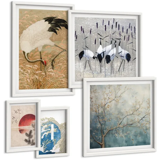 Coloray 5-Delige Schilderij Set - Stijlvolle Schilderijen Met Natuur- En Vogelmotieven. - 50 x 50 cm, 20 x 30 cm En 40 x 60 cm - Muurdecoratie - Wanddecoratie - Hal Witte lijst