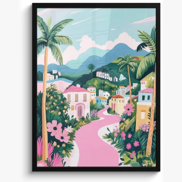 FrameYourWall Poster in lijst - Fotolijst 50x70 cm - Posters - Kleurrijk - Huizen - Heuvels - Roze - Posterlijst zwart - Decoratie - Wanddecoratie woonkamer - Muurdecoratie slaapkamer
