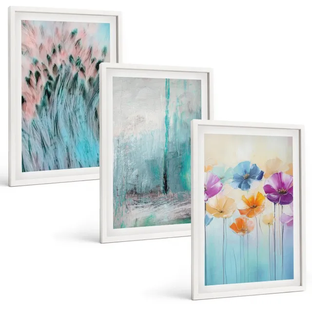 Coloray 3-Delige Schilderij Set - Bloemen Op Een Achtergrond Van Pastelkleuren En Delicate Patronen. - 40 x 60 - Decoratieve Schilderijen - Wanddecoratie - Hal Witte lijst