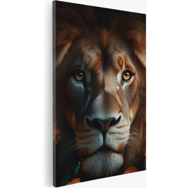 Saammp Canvas Schilderij - Leeuw - Bloemen - Natuur - Landschap - 60x90 - Foto op canvas - Wanddecoratie - Muurdecoratie Woonkamer - Slaapkamer decoratie - Canvas Print Multicolor