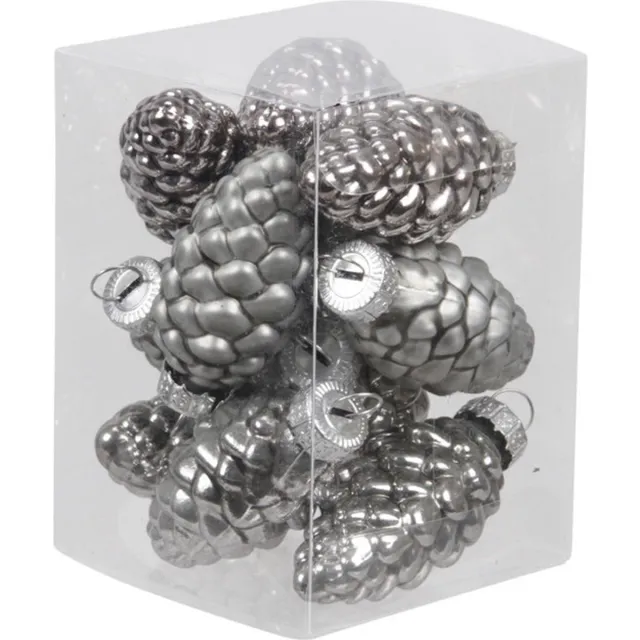 Othmar Decorations 12x Dennenappel kersthangers/kerstballen titanium grijs van glas - 6 cm - mat/glans - Kerstboomversiering